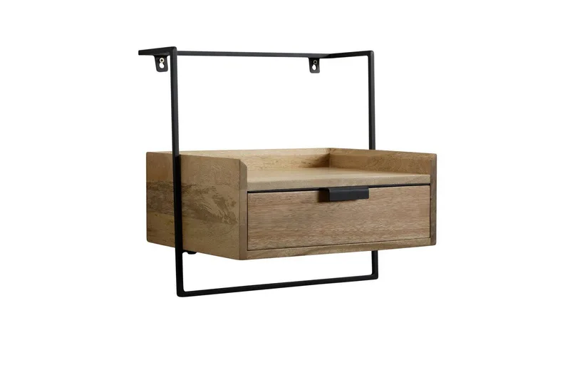 Natbord Wohnling til vægmontering, lavet af solidt mangotræ, med 1 skuffe, industrielt stil hylde Lysbrun, Lysbrun