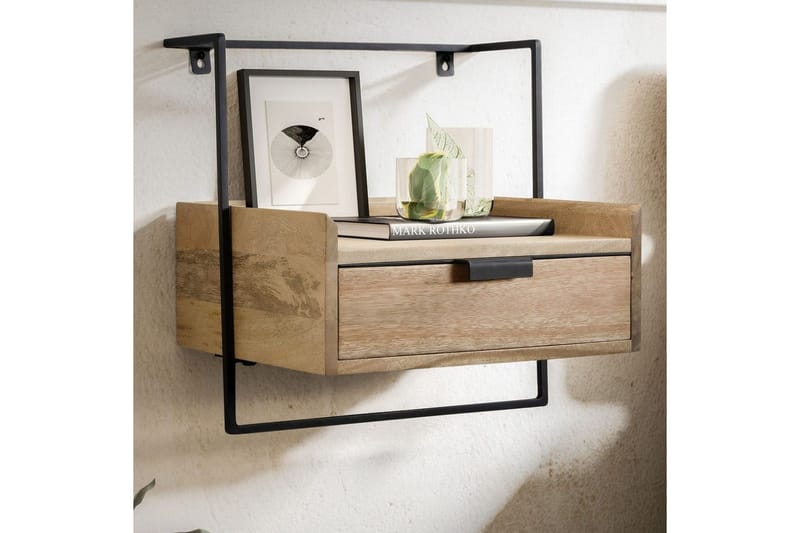 Natbord Wohnling til vægmontering, lavet af solidt mangotræ, med 1 skuffe, industrielt stil hylde Lysbrun - Lysbrun - Møbler - Borde - Aflastningsbord - Sengebord