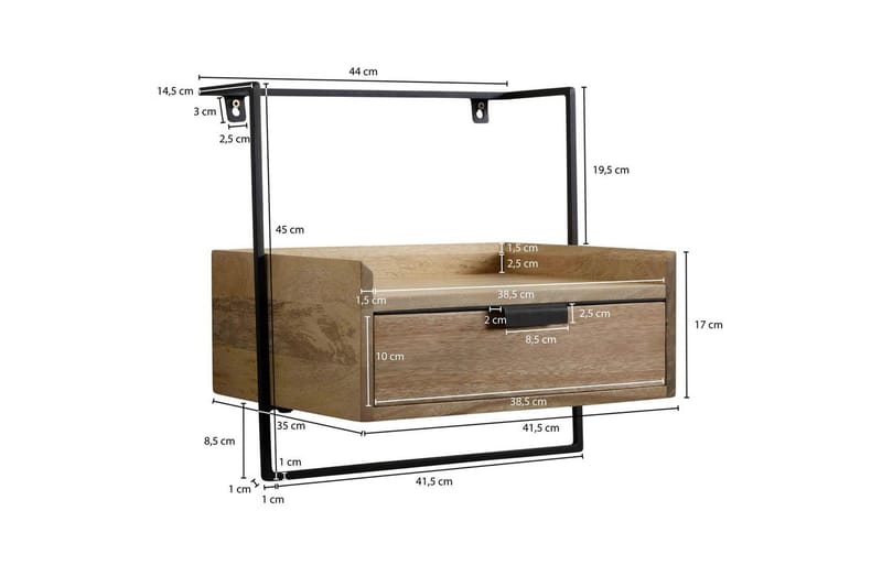 Natbord Wohnling til vægmontering, lavet af solidt mangotræ, med 1 skuffe, industrielt stil hylde Lysbrun - Lysbrun - Møbler - Borde - Aflastningsbord - Sengebord