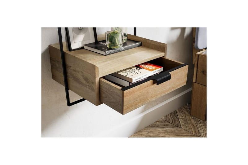 Natbord Wohnling til vægmontering, lavet af solidt mangotræ, med 1 skuffe, industrielt stil hylde Lysbrun - Lysbrun - Møbler - Borde - Aflastningsbord - Sengebord