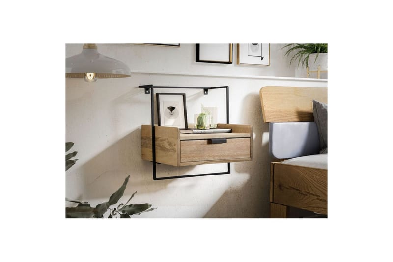 Natbord Wohnling til vægmontering, lavet af solidt mangotræ, med 1 skuffe, industrielt stil hylde Lysbrun - Lysbrun - Møbler - Borde - Aflastningsbord - Sengebord