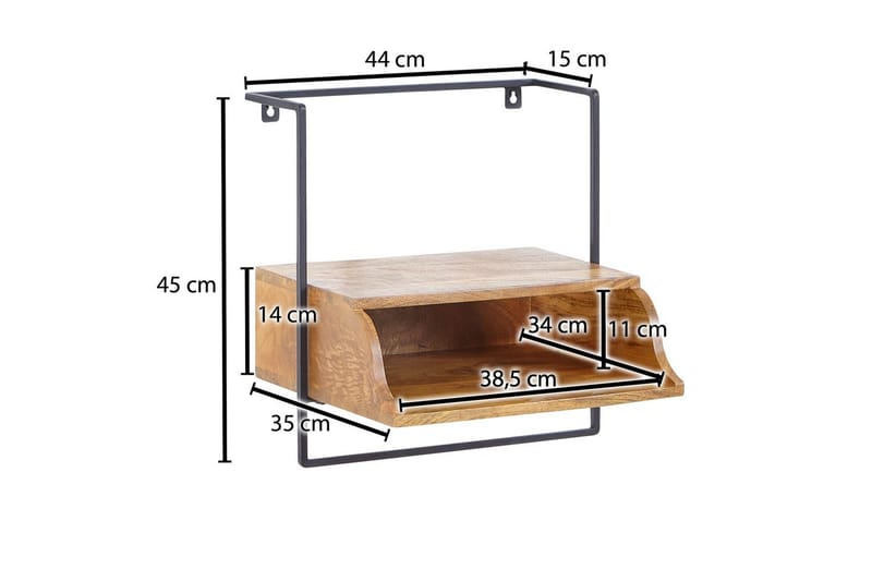 Natbord Wohnling Vægmonteret konsol lavet af massivt mangotræ med hylde, industriel - Møbler - Borde - Aflastningsbord - Sengebord