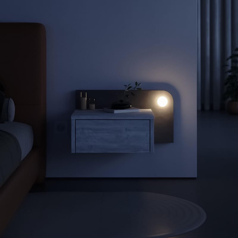 Nosina Vægmonteret Sengebord 52 cm med Eg- og Betonudseende, Opbevaring med Skuffe og LED-belysning - Grå/Hvid - Møbler - Borde - Aflastningsbord - Sengebord