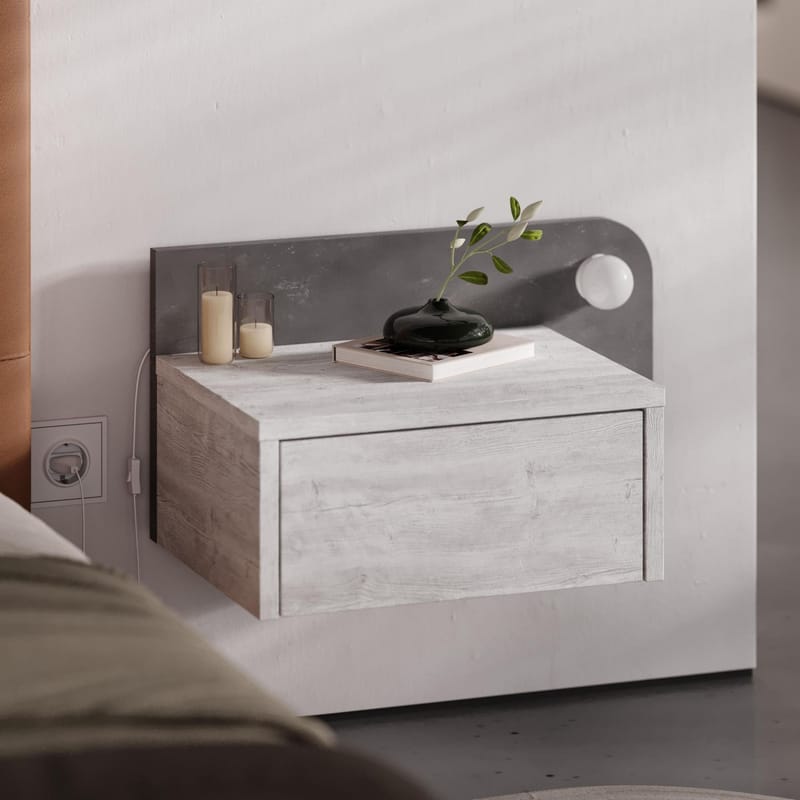 Nosina Vægmonteret Sengebord 52 cm med Eg- og Betonudseende, Opbevaring med Skuffe og LED-belysning - Grå/Hvid - Møbler - Borde - Aflastningsbord - Sengebord