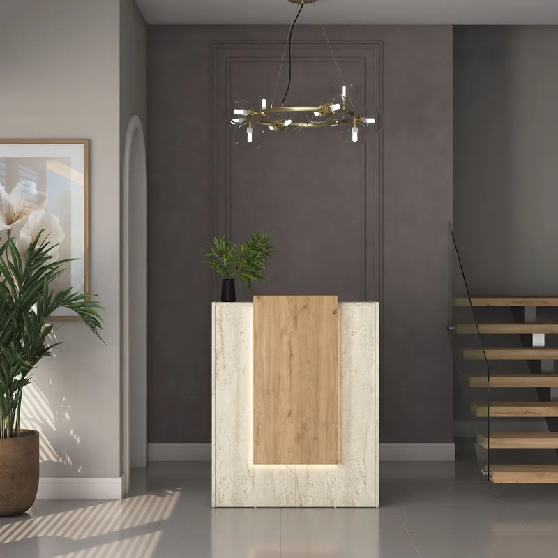 Receptionbord Wallxpert Cleo Shelf (90 x 110 x 40 cm) Travertin Valnød - Travertin og valnød - Møbler - Borde - Aflastningsbord - Entrébord