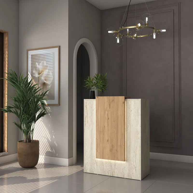 Receptionbord Wallxpert Cleo Shelf (90 x 110 x 40 cm) Travertin Valnød - Travertin og valnød - Møbler - Borde - Aflastningsbord - Entrébord