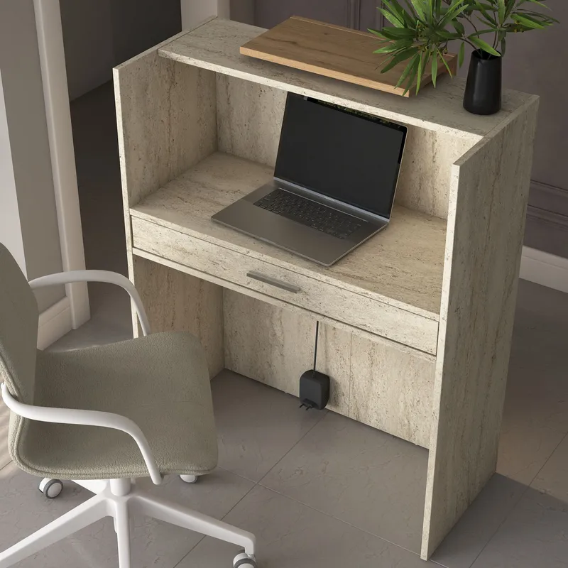 Receptionbord Wallxpert Cleo Shelf (90 x 110 x 40 cm) Travertin Valnød - Travertin og valnød - Møbler - Borde - Aflastningsbord - Entrébord