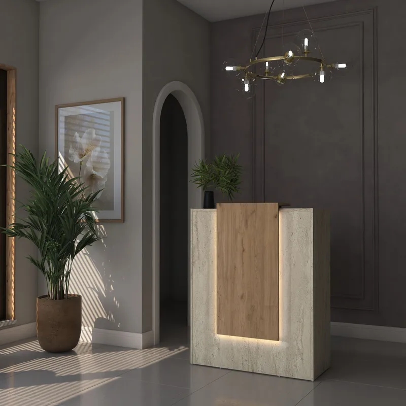 Receptionbord Wallxpert Cleo Shelf (90 x 110 x 40 cm) Travertin Valnød - Travertin og valnød - Møbler - Borde - Aflastningsbord - Entrébord