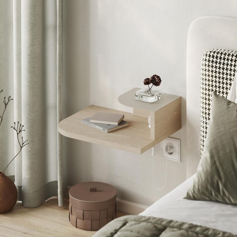 Rilina Vægmonteret Sengebord 40 cm med Træ- og Egetræsudseende, Opbevaring med Hylde og LED-belysning - Beige - Møbler - Borde - Aflastningsbord - Sengebord