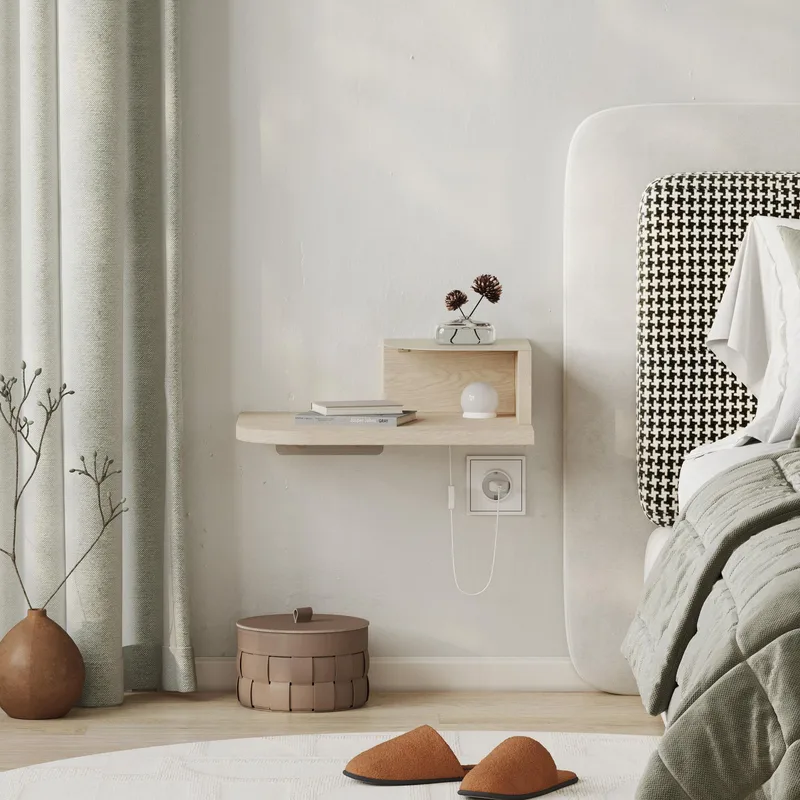 Rilina Vægmonteret Sengebord 40 cm med Træ- og Egetræsudseende, Opbevaring med Hylde og LED-belysning - Beige - Møbler - Borde - Aflastningsbord - Sengebord
