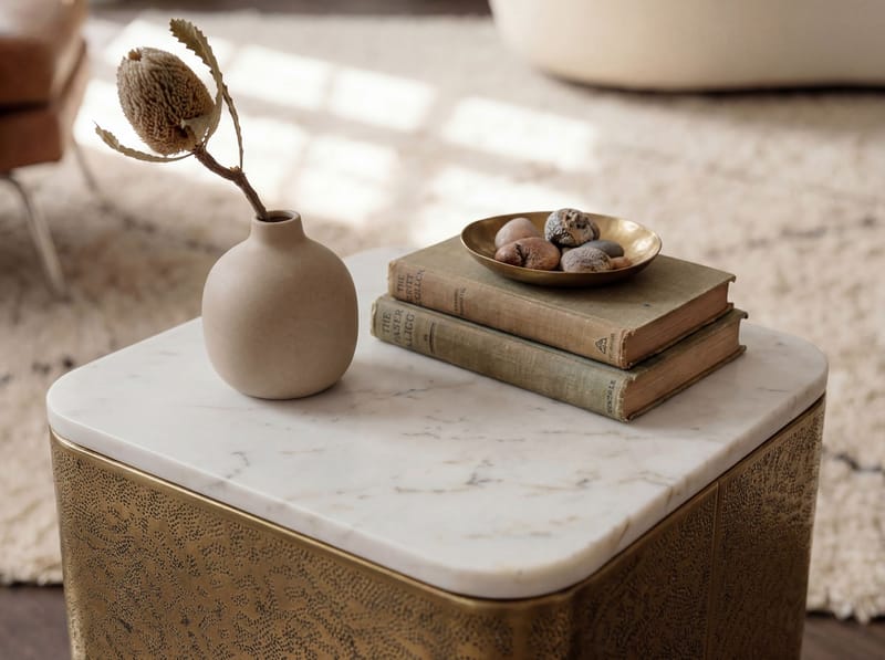 Rovian kvadratisk sidebord 33 cm i metal med marmorplade - hvid antik guld - Møbler - Borde - Aflastningsbord - Lampebord