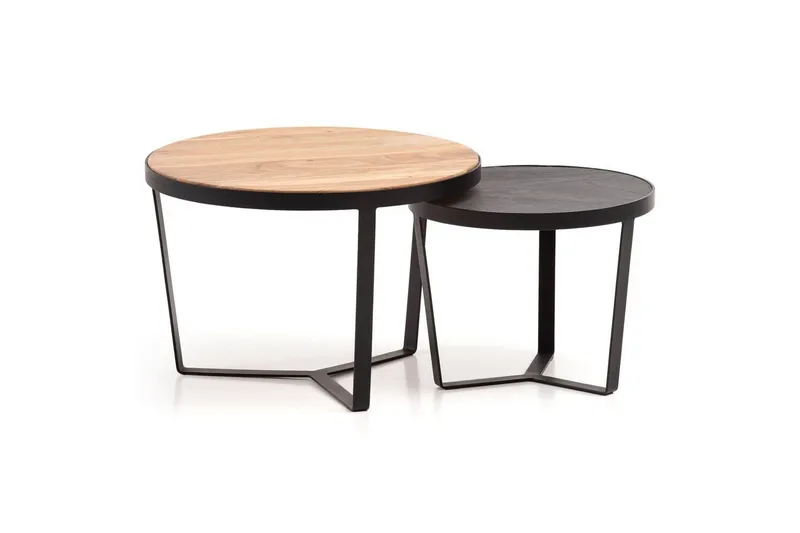 Sætbord Wohnling Sæt af 2 rund massivt træ og stenoptik, design metalbase, landlig stil Sort, Akacie, Sort, Akacie