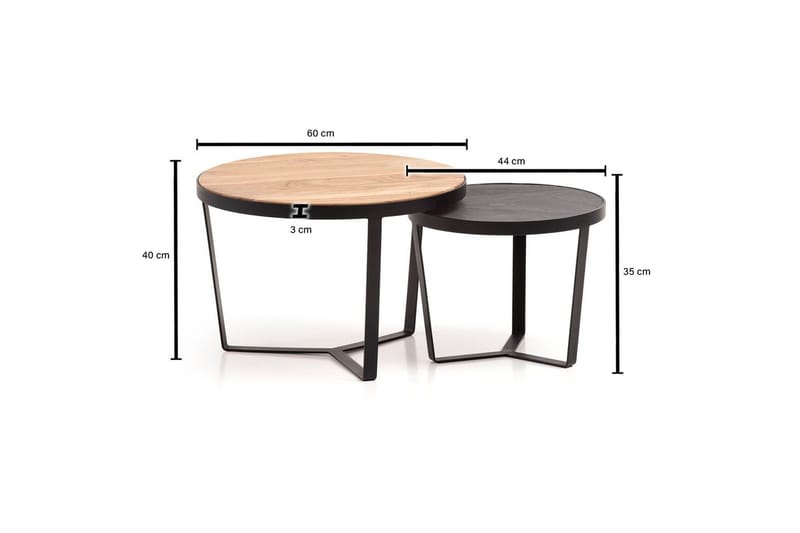Sætbord Wohnling Sæt af 2 rund massivt træ og stenoptik, design metalbase, landlig stil Sort, Akacie - Sort, Akacie - Møbler - Borde - Aflastningsbord - Indskudsborde