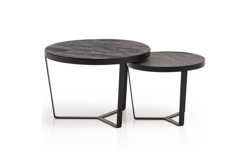 Sætbord Wohnling Sæt af 2 rund massivt træ og stenoptik, design metalbase, landlig stil Sort, Sort, Sort, Sort