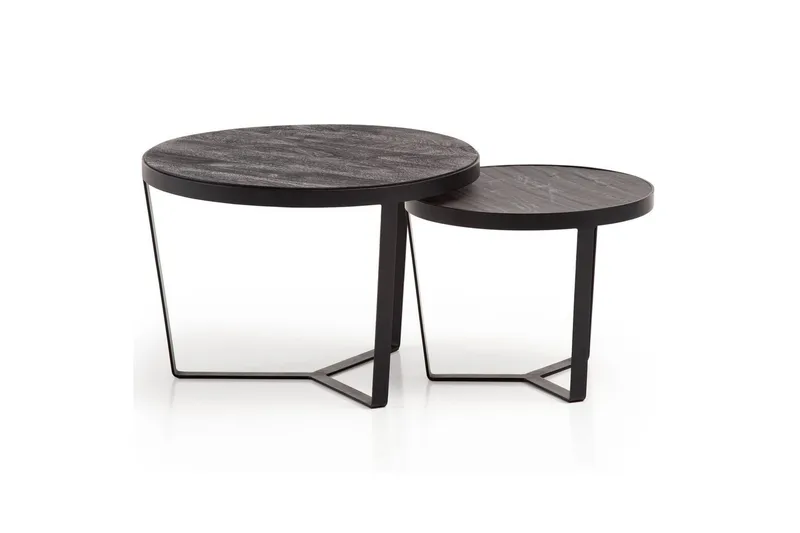 Sætbord Wohnling Sæt af 2 rund massivt træ og stenoptik, design metalbase, landlig stil Sort, Sort, Sort, Sort