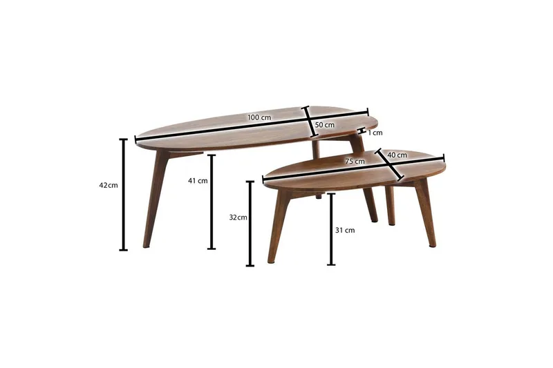Sætbord Wohnling Sæt med 2 nyreformet, massivt træ, træben, landlig stil mørkebrun - mørkebrun - Møbler - Borde - Aflastningsbord - Indskudsborde