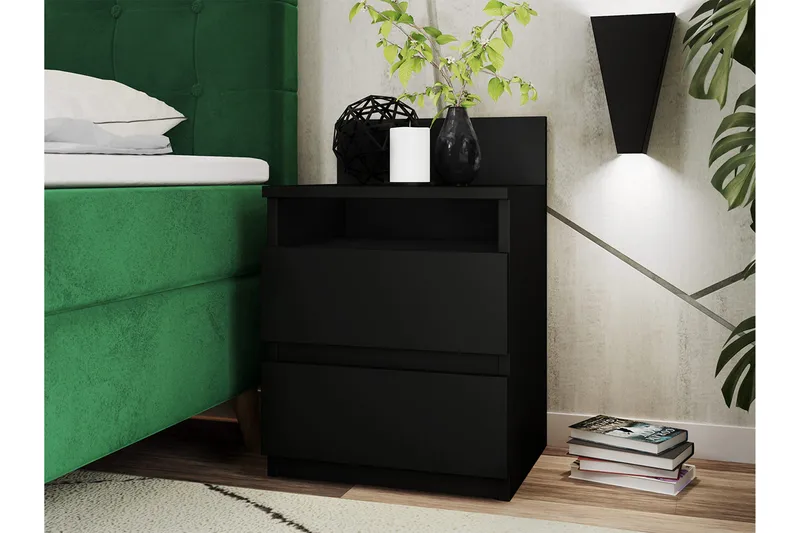 Basildon Sengebord 40 cm med Opbevaring 2 Skuffer + Hylde - Sort - Møbler - Borde - Aflastningsbord - Sengebord
