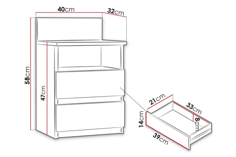 Basildon Sengebord 40 cm med Opbevaring 2 Skuffer + Hylde - Sort - Møbler - Borde - Aflastningsbord - Sengebord