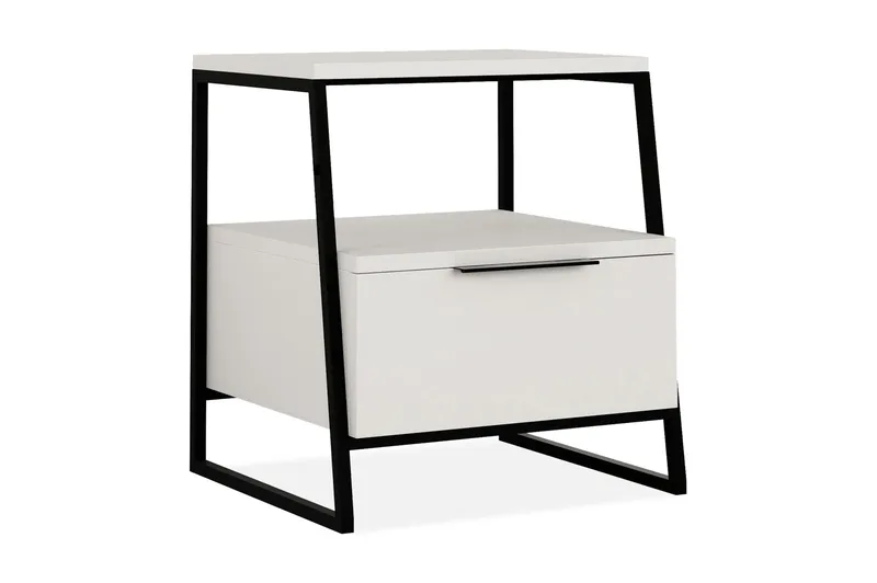 Bodsjö Sengebord 45 cm med Opbevaring Hylde + Låge, Hvid/Sort