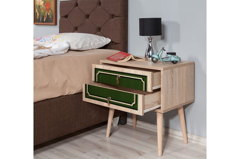 Brokind Sengebord 60 cm med Opbevaring 2 Skuffer Dekor - Natur/Grøn - Møbler - Borde - Aflastningsbord - Sengebord