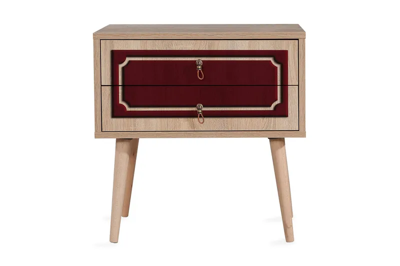 Brokind Sengebord 60 cm med Opbevaring 2 Skuffer Dekor - Natur/Rød - Møbler - Borde - Aflastningsbord - Sengebord