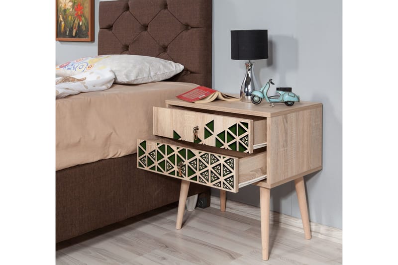 Brokind Sengebord 60 cm med Opbevaring 2 Skuffer Triangler - Natur/Grøn - Møbler - Borde - Aflastningsbord - Sengebord