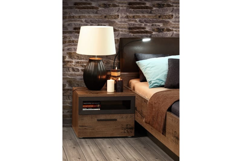 Cannop Sengebord 52 cm med Opbevaring Skuffe + Hylde - Brun/Sort - Møbler - Borde - Aflastningsbord - Sengebord