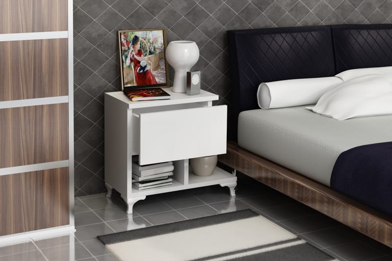 Decorotika Sengebord 46 cm med Opbevaring Skuffe + Hylder Be - Hvid - Møbler - Borde - Aflastningsbord - Sengebord