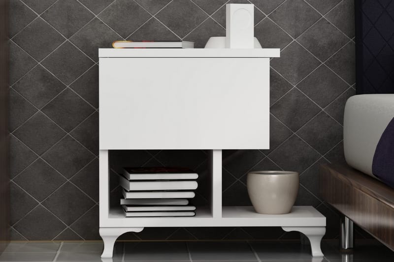 Decorotika Sengebord 46 cm med Opbevaring Skuffe + Hylder Be - Hvid - Møbler - Borde - Aflastningsbord - Sengebord