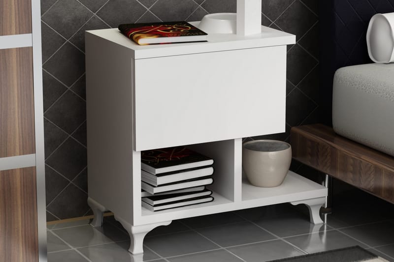 Decorotika Sengebord 46 cm med Opbevaring Skuffe + Hylder Be - Hvid - Møbler - Borde - Aflastningsbord - Sengebord