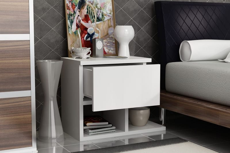Decorotika Sengebord 46 cm med Opbevaring Skuffe + Hylder - Hvid - Møbler - Borde - Aflastningsbord - Sengebord