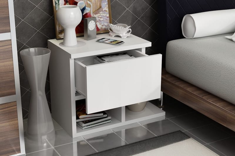 Decorotika Sengebord 46 cm med Opbevaring Skuffe + Hylder - Hvid - Møbler - Borde - Aflastningsbord - Sengebord