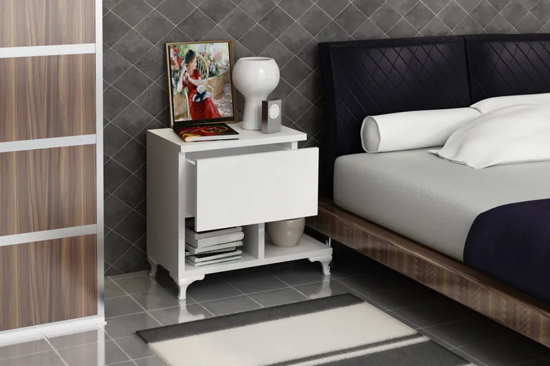 Decorotika Sengebord 46 cm med Opbevaring Skuffe + Hylder Be - Hvid - Møbler - Borde - Aflastningsbord - Sengebord