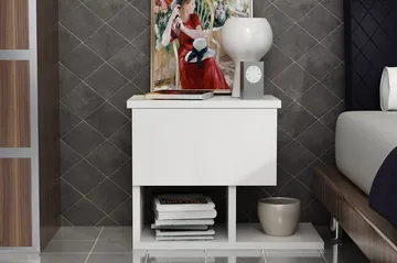 Decorotika Sengebord 46 cm med Opbevaring Skuffe + Hylder - Hvid - Møbler - Borde - Aflastningsbord - Sengebord