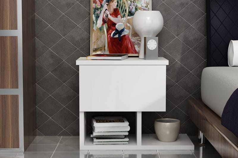 Decorotika Sengebord 46 cm med Opbevaring Skuffe + Hylder - Hvid - Møbler - Borde - Aflastningsbord - Sengebord