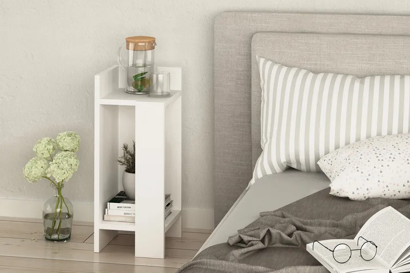 Decorta Sengebord 27 cm med Opbevaring Hylder + Låger Venstr - Hvid - Møbler - Borde - Aflastningsbord - Sengebord