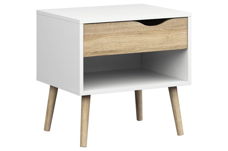 Delta Sengebord 50 cm med Opbevaring Skuffe + Hylde - Hvid/Egefarvet - Møbler - Borde - Aflastningsbord - Sengebord