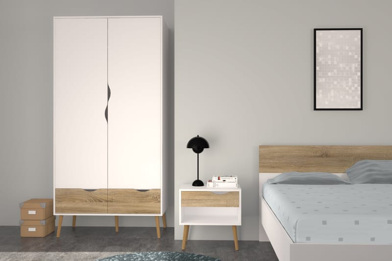 Delta Sengebord 50 cm med Opbevaring Skuffe + Hylde - Hvid/Egefarvet - Møbler - Borde - Aflastningsbord - Sengebord