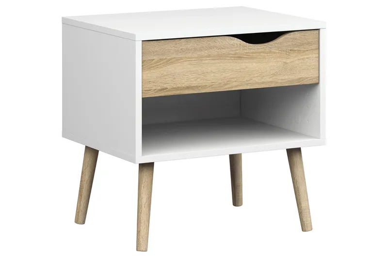 Delta Sengebord 50 cm med Opbevaring Skuffe + Hylde - Hvid/Egefarvet - Møbler - Borde - Aflastningsbord - Sengebord