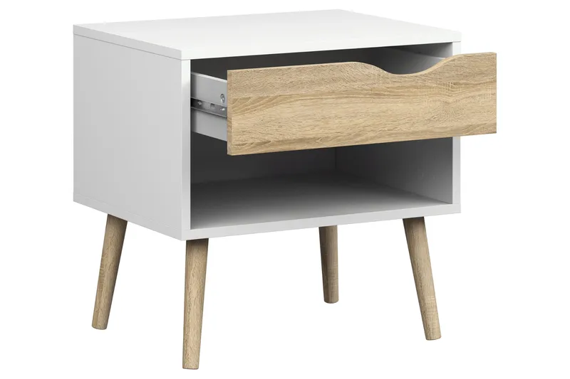 Delta Sengebord 50 cm med Opbevaring Skuffe + Hylde - Hvid/Egefarvet - Møbler - Borde - Aflastningsbord - Sengebord