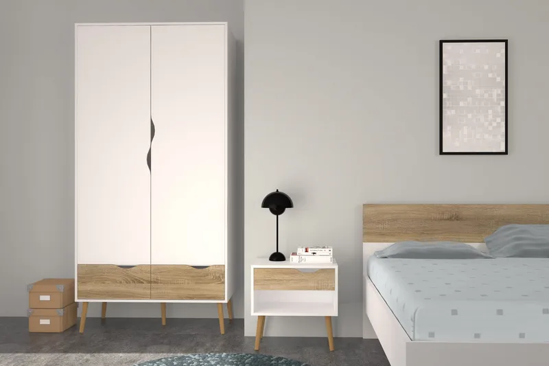 Delta Sengebord 50 cm med Opbevaring Skuffe + Hylde - Hvid/Egefarvet - Møbler - Borde - Aflastningsbord - Sengebord