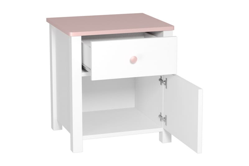 Hilts Sengebord Børn 42 cm med Opbevaring Skuffe + Skab - Hvid/Lyserød - Møbler - Borde - Aflastningsbord - Sengebord