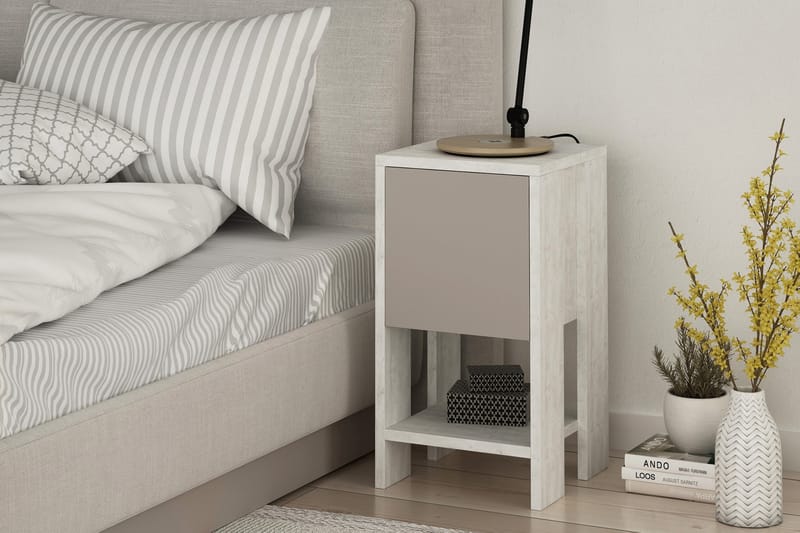 Homitis Sengebord 30 cm med Opbevaring Hylde + Låge - Hvid/Træ - Møbler - Borde - Aflastningsbord - Sengebord