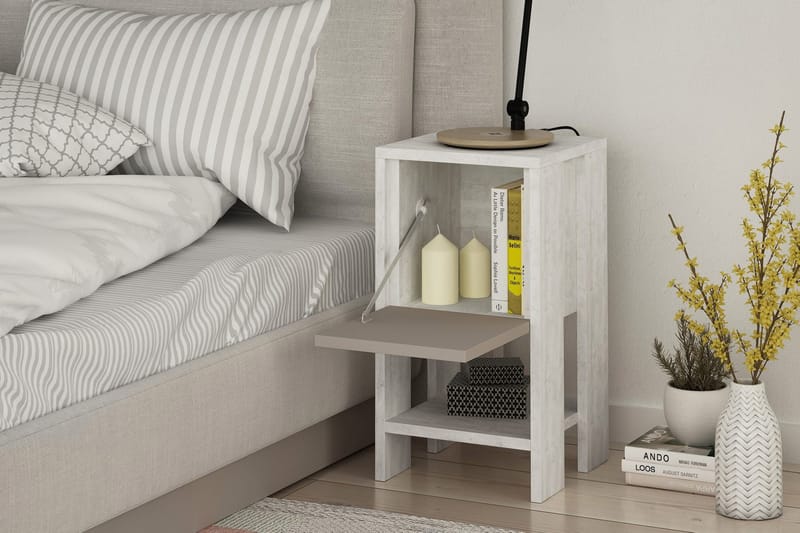 Homitis Sengebord 30 cm med Opbevaring Hylde + Låge - Hvid/Træ - Møbler - Borde - Aflastningsbord - Sengebord