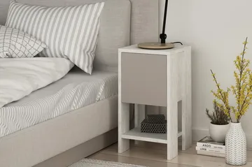 Homitis Sengebord 30 cm med Opbevaring Hylde + Låge - Hvid/Træ - Møbler - Borde - Aflastningsbord - Sengebord