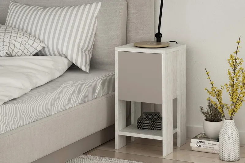 Homitis Sengebord 30 cm med Opbevaring Hylde + Låge - Hvid/Træ - Møbler - Borde - Aflastningsbord - Sengebord