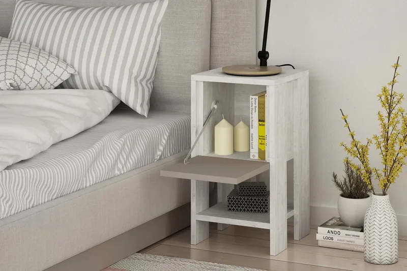 Homitis Sengebord 30 cm med Opbevaring Hylde + Låge - Hvid/Træ - Møbler - Borde - Aflastningsbord - Sengebord