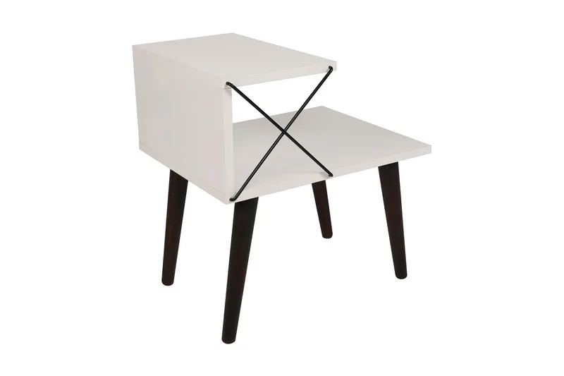 Kaysie Retro Sengebord 50 cm, Opbevaring med Hylder, Hvid
