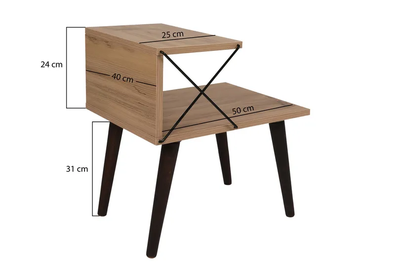 Kaysie Retro Sengebord 50 cm med Træ- og Egetræsudseende, Opbevaring med Hylder - Natur - Møbler - Borde - Aflastningsbord - Sengebord
