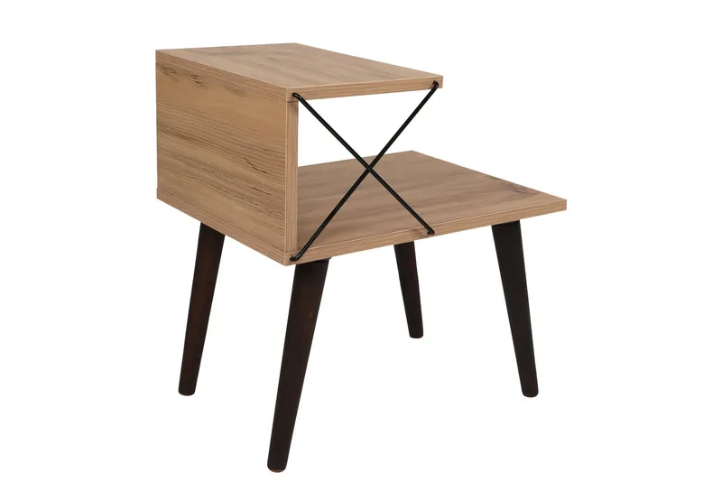 Kaysie Retro Sengebord 50 cm med Træ- og Egetræsudseende, Opbevaring med Hylder, Natur